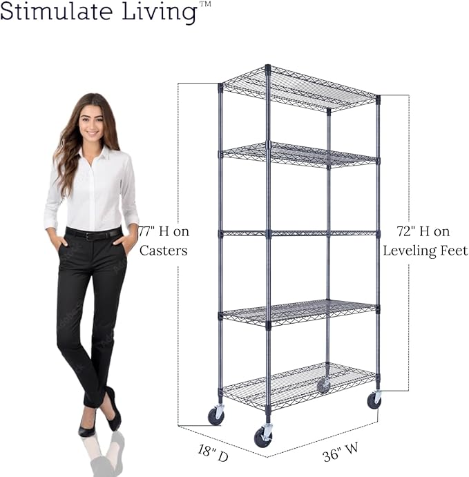 36"x18"x72" Prime Heavy Duty Black 5-Tier Wire Shelving NSF 4000 LBS MAX Capacity Storage Rack for Commercial, Hospital, School, Garage, and Kitchen Uses (with Wheels)