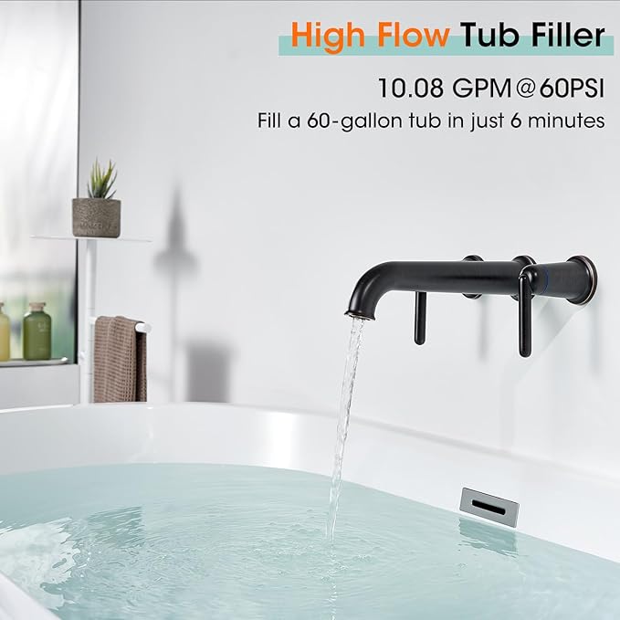 Wall Mount Tub Filler, 10.33" Extra Long Spout With Rough-in Valve, 10.08 GPM High Flow 2-Handle Faucet, Wall Mounted Bathtub Set, Brass Roman Bath Faucet, Oil Rubbed Bronze