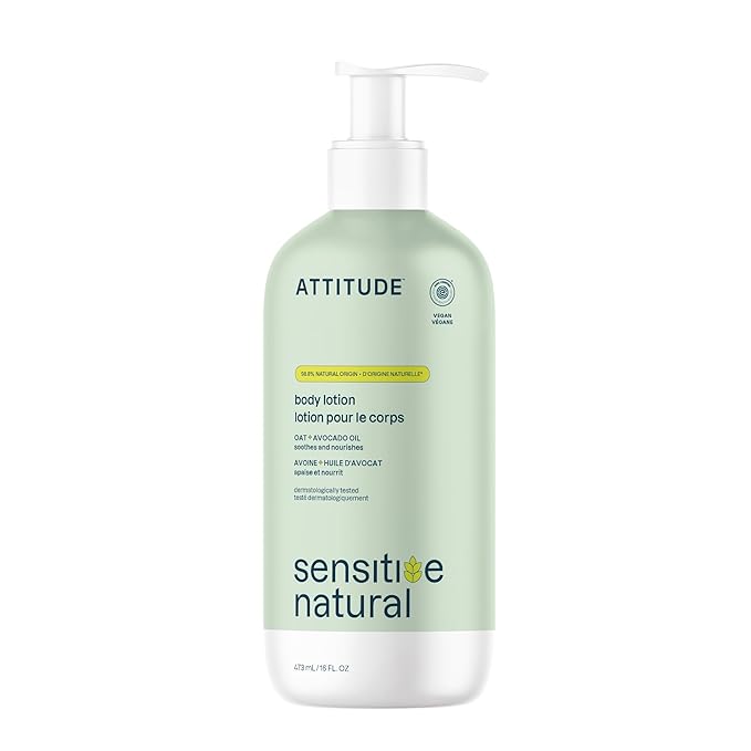 ATTITUDE Body Lotion for Sensitive Skin with Oat, EWG Verified, Dermatologically Tested, Vegan, Avocado Oil, 16 Fl Oz