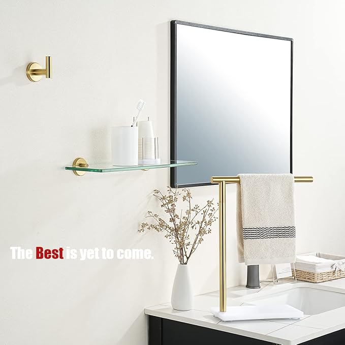 JQK Bathroom Glass Shelf Gold, Tempered Glass Shower Storage 16 by 5 inches, 304 Stainless Steel Brushed Gold Wall Mount, TGS101-BG