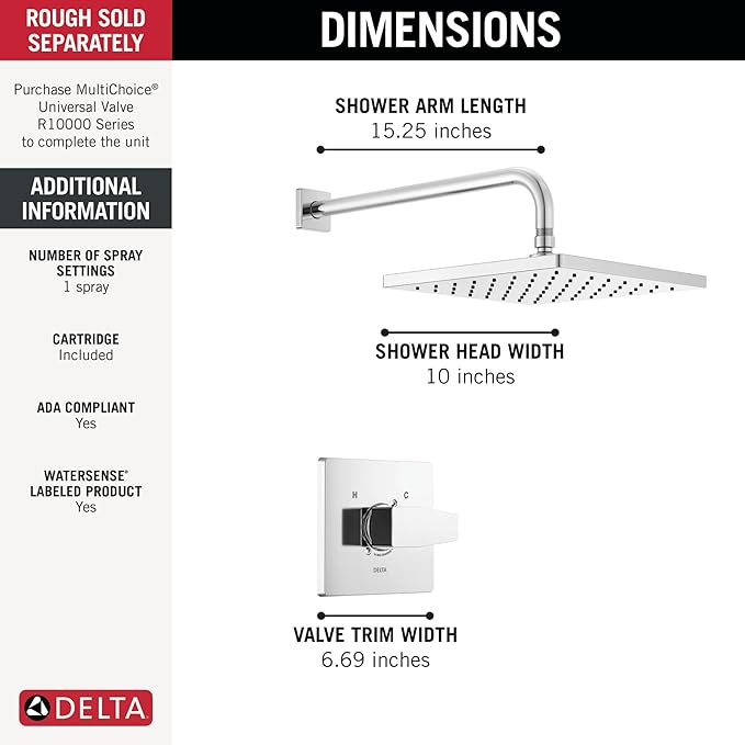 Delta Modern 14 Series Square Rain Shower Faucet Set, Chrome Shower Head and Handle Set, Valve Trim Kit, Chrome T14268-PP (Valve Not Included)
