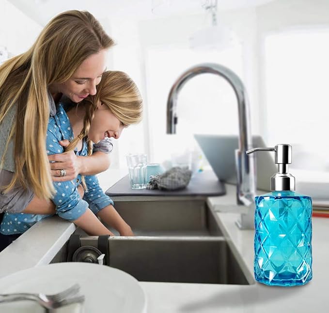 JASAI Diamond Design Soap Dispenser with 304 Rust Proof Stainless Steel Soap Pump, 12 Ounce Kitchen Soap Dispenser for Bathroom, Hand Soap, Dish Soap (Clear Blue).