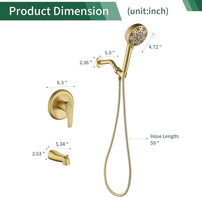 Brushed Gold Shower Faucet Set with Tub Spout Tub and Shower Faucet Set Complete with Handheld Shower Head Shower Combo Set Shower System with Tub Spout Tub and Shower Trim Kit