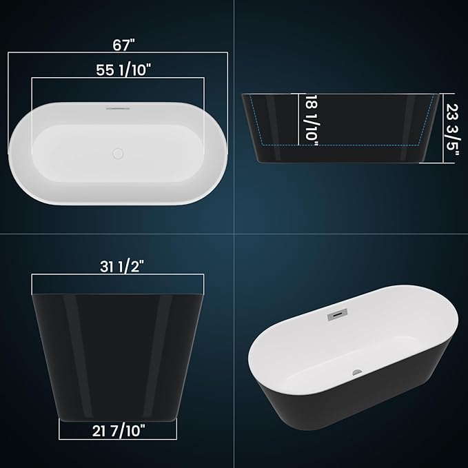 67" Free Standing Tub, Acrylic Soaking Bathtub, Stand Alone Freestanding Tub with Matte Sliver Drain and Overflow, Contemporary Bathtub for Bathroom, Black
