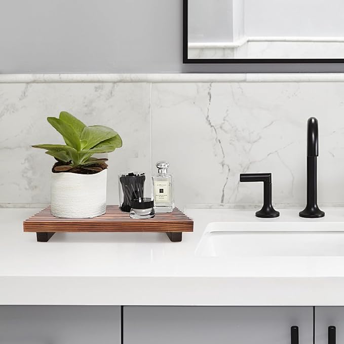 Renawe Farmhouse Bathroom Counter Tray Wood Display Pedesta Stand Kitchen Countertop Trays Decorative Wooden Riser Dish Soap Dispenser Holder for Bathroom Sink Accessories Kitchen Decor Vanity Tray