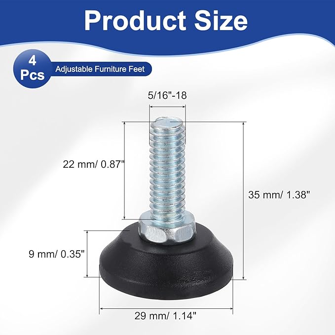 uxcell 5/16"-18 Thread Furniture Feet Levelers, 4Pcs 22mm l Adjustable Furniture Feet Screw in Threaded Leveling Leg Screw on Chair Foot Glides Leveling for Table Chair Cabinet Black