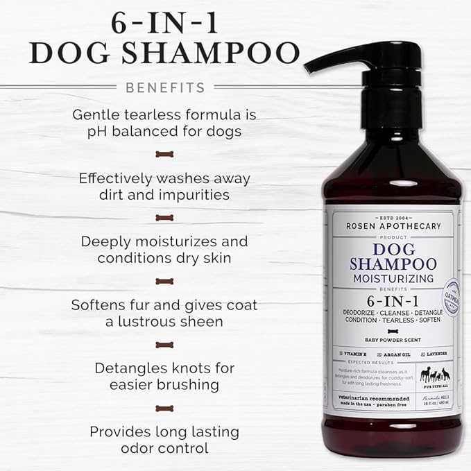 6-in-1 Moisturizing Dog Shampoo with Brush, Made with Naturally Derived Ingredients to Cleanse, Soothe, Deodorize, and Soften The Skin and Coat 480ml