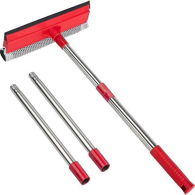 15.9" Window Squeegee for Car,2 in 1 Window Cleaner with Long Stainless Steel Handle,Sponge Car Squeegee for Gas Station, Glass,Shower,Outdoor High Window Cleaning