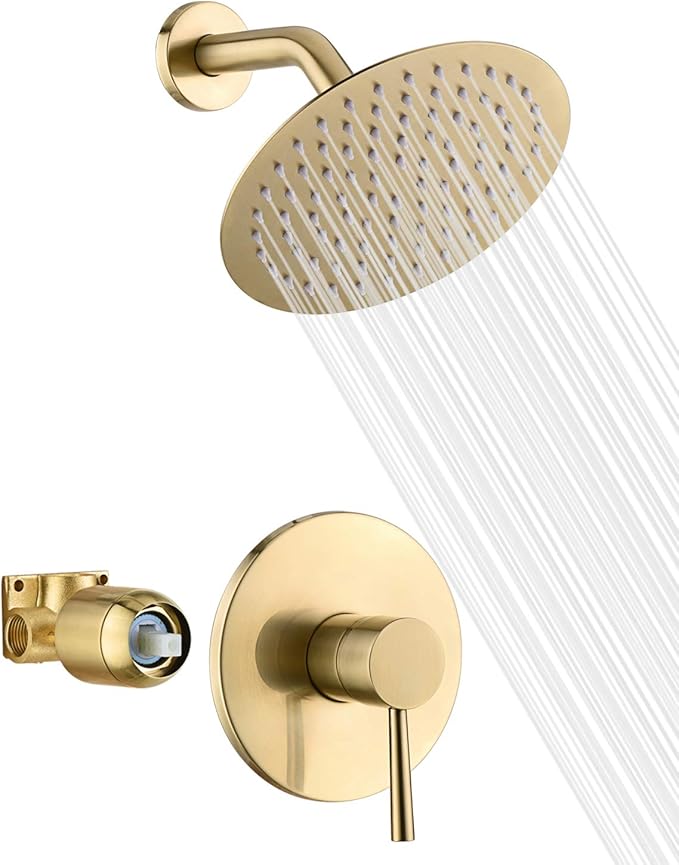 sumerain Brushed Gold Shower Faucet Set with 8 Inches Stainless Steel Rain Shower Head, Solid Brass Rough In Valve