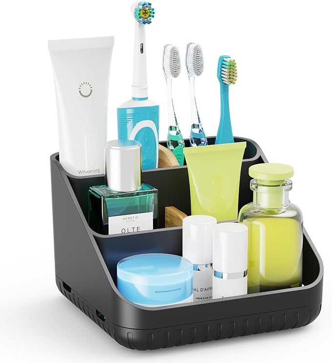 Chintu Toothbrush Holders Bathroom Countertop Organizer-Electric Tooth Brushing Holder 6 Slots Toothbrush Caddy for Counter Organization Kids Family Toothpaste Holder for Vanity Storage Black