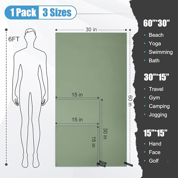 Quick Dry Travel Towel, 3 Sizes 1 Pack Camping Microfiber Towel, Lightweight Fast Drying Towels Set 60"x30", 30"x15", 15"x15" w/Bag for Gym, Beach, Hiking, Swimming, Army Green