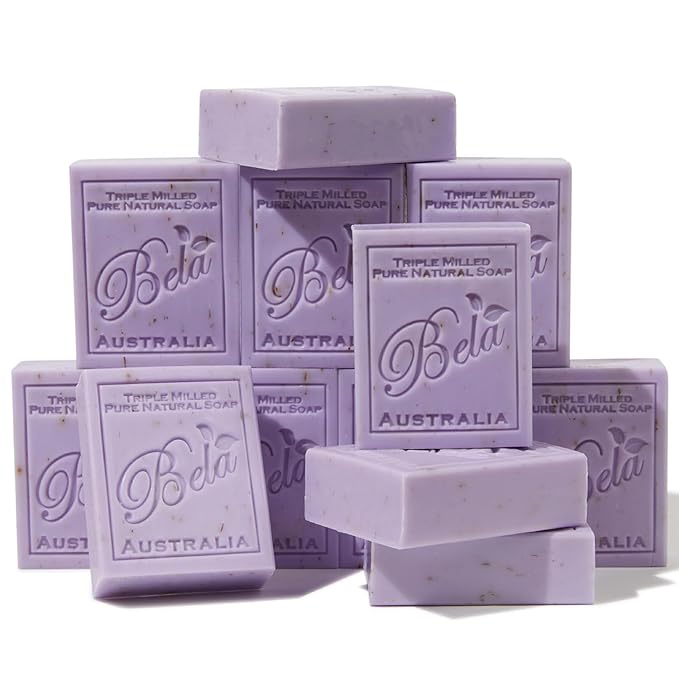 BELA Lavender Soap 3.3 OZ, Pack of 12, Long Lasting French Triple Milled Bar Soap with Organic Shea Butter, Hand, Face and Body Wash Bars, Made in Australia