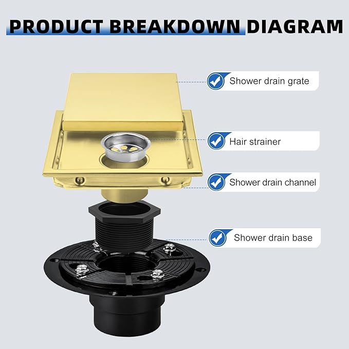 morefine Gold Shower Floor Drain 6 inch with Flange, Square Shower Drain with 2 in 1 Tile-Insert Cover, SUS 304 Stainless Steel, Brushed Gold
