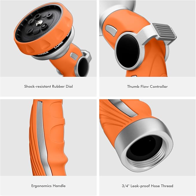 RESTMO Hose Nozzle Heavy Duty, Metal Water Hose Sprayer for Garden, 9 Spray Patterns | High Pressure | Thumb Flow Control | On/Off Valve, Ideal for Lawn & Plant Watering, Car & Pet Washing, Orange