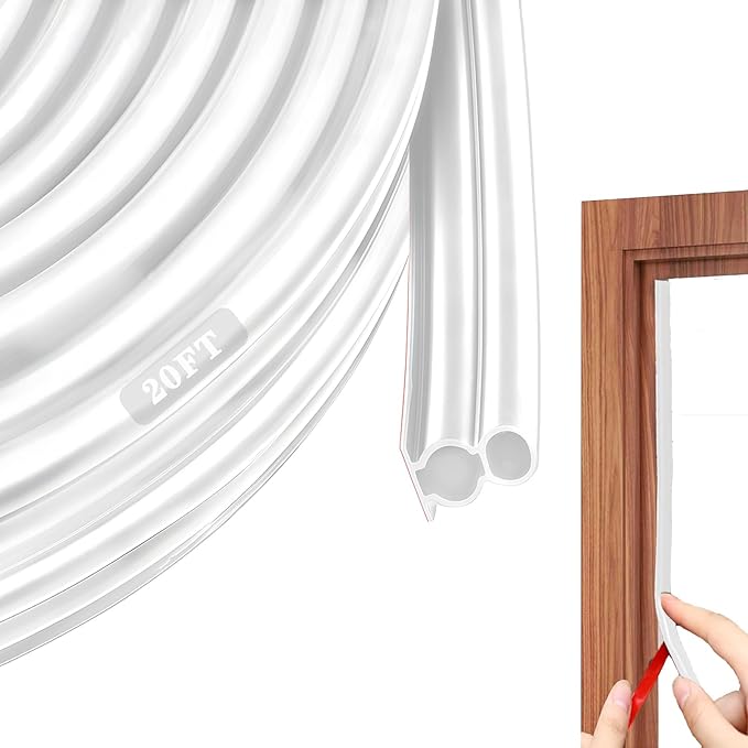 Door Seal Strip for Door Frame, Rubber Weather Stripping Door Seal, Self-Adhesive Extra Thick Insulation Strip, Soundproofing, Dustproof, Large Gap Filler (White, 20 Ft)