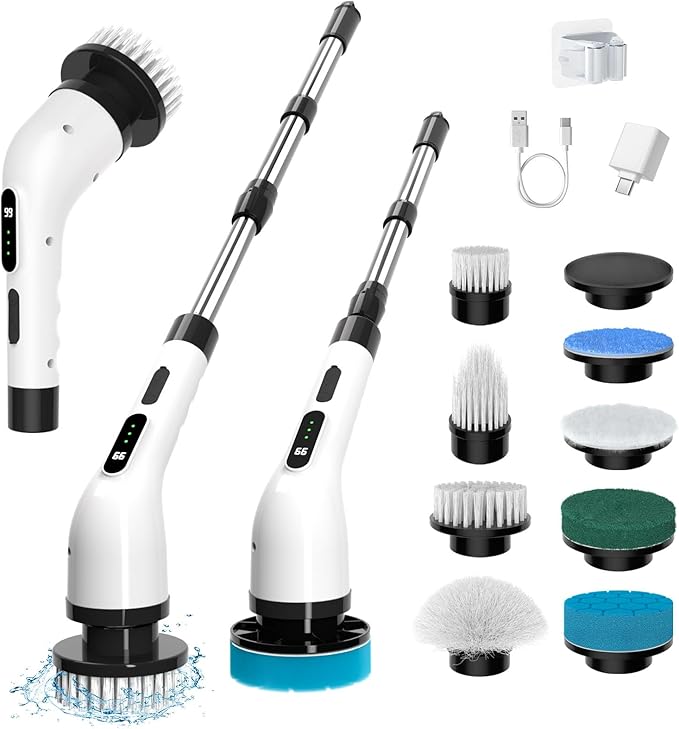 Electric Spin Scrubber for Cleaning, 9 in 1 Changeable Bathroom Scrubber with Power Display, Long Cordless Cleaning Brush, Cordless Shower Cleaner Brush for Bathtub Kitchen Wall Cleaning