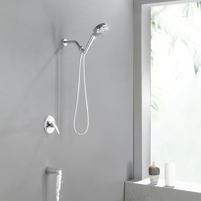 Chrome Polished Shower Faucet Set with Tub Spout, Handheld Shower Head and Trim Kit