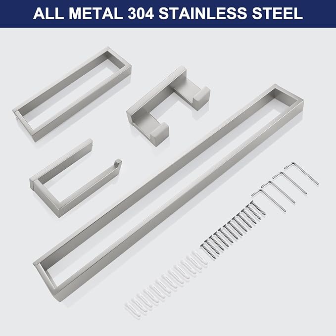 Brushed Nickel 4-Piece Bathroom Hardware Accessories Set, Bathroom Hardware Set including Towel Bar,Towel Holder, Toilet Paper Holder,Towel Hook, SUS304 Stainless Steel Bath Towel Bar Set Wall Mounted