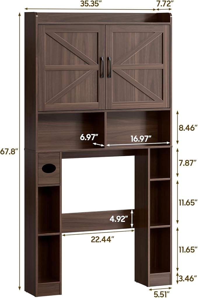 Over The Toilet Storage Cabinet, Farmhouse Toilet Cabinet Rack with Barn Doors, Space Saving Bathroom Organizer with Shelves, Toilet Paper Holder and Towel Rack for Bathroom,Restroom,Laundry,Espresso