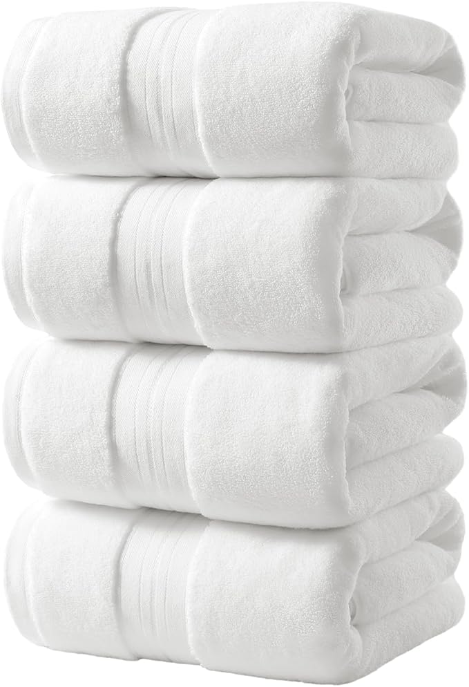 REDKISS 100% Cotton Bath Towels Set of 4, Extra Large Bath Sheets 27 X 59 Inches, 600 GSM, Quick Dry, Ultra Soft & Super Absorbent Bathroom Towel Sets for Bathroom, Gym, Spa, Pool & Hotel, White