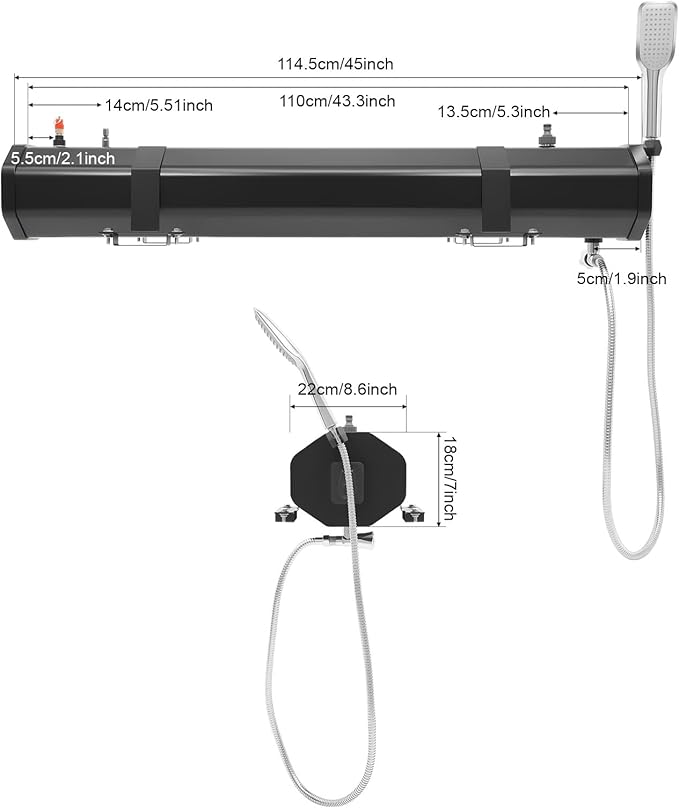 Portable Camping Shower Solar Portable Shower Water Tank for Camping Self-Pressurized Water Tank for SUV Overland Roof Rack 5.58ft Pipe 1.6bar 60℃/140℉ (30L)
