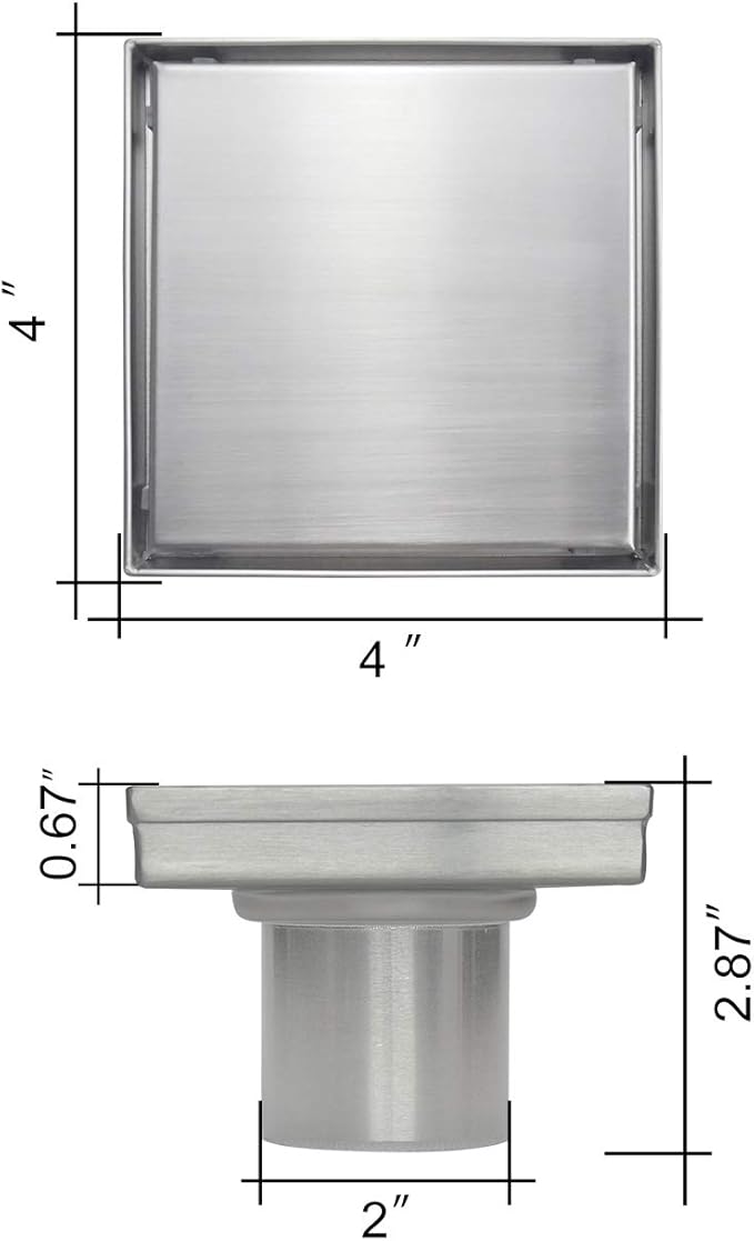 Square Shower Drain, Shower Drain 4 inch with 2 in 1 Tile-Insert Cover, Brushed AISI 304 Stainless Steel Shower Floor Drain with Hair Catcher