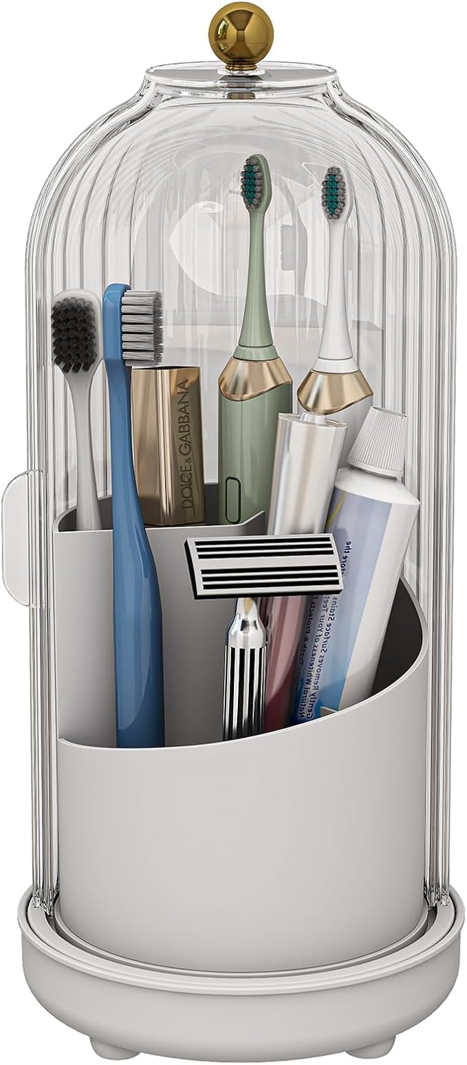 Toothbrush Holders with Cover, Drainage Rotating Electric Toothbrush Organizer, 3 Slots Tooth Brush Holder for Bathroom Counter, Transparent