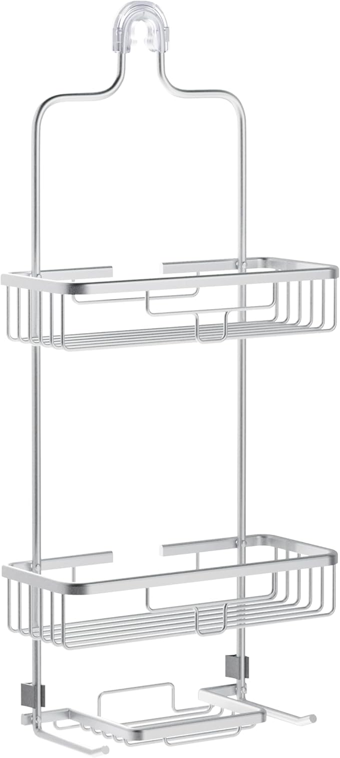 Zenna Home Rustproof Hanging Shower Caddy, Over the Shower Head Caddy with 2 Shelves and Built In Hooks, Aluminum Bathroom Hanging Organizer, Satin Chrome