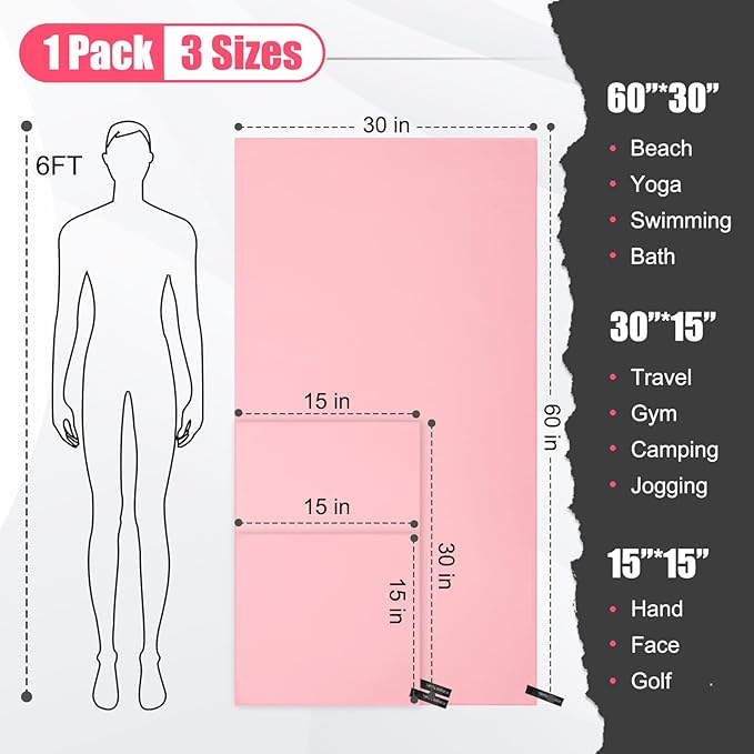 Quick Dry Travel Towel, 3 Sizes 1 Pack Camping Microfiber Towel, Lightweight Fast Drying Towels Set 60"x30", 30"x15", 15"x15" w/Bag for Gym, Beach, Hiking, Swimming, Pink