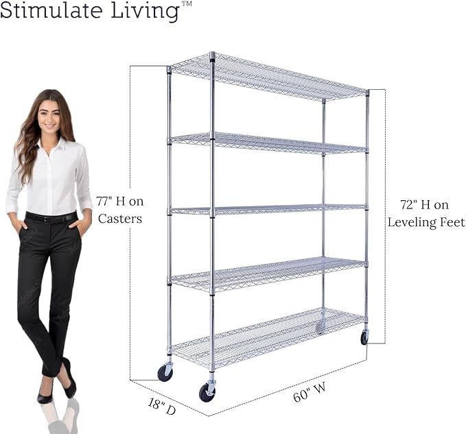 60"x18"x72" PRIME HEAVY DUTY Chrome 5-Tier Wire Shelving 4000 LBS MAX Capacity Storage Rack for Commercial, School, Home, Garage, Warehouse, Industrial, and Hospital Uses (with Wheels)