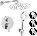 Shower Faucet Set 10IN Brass Rough-In Valve Body Trim Kit Rainfall Included Handle Accessories Complete 2 Functions with Rain Head and Handheld Bathroom Systems (10'', Chrome Polished)