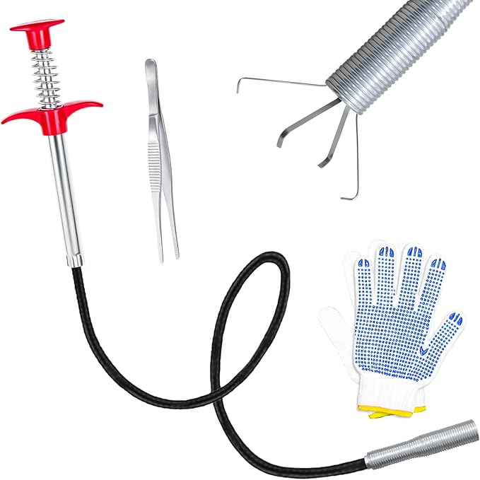 35'' Flexible Grabber Claw (4 Claws), Drain Snake with Tweezers, Bendable Hose Grabber Reacher Tool, Retractable Drain Clog Remover Tool, Pickup Tool for Bath Tub, Toilet, Kitchen Sink & Sewer