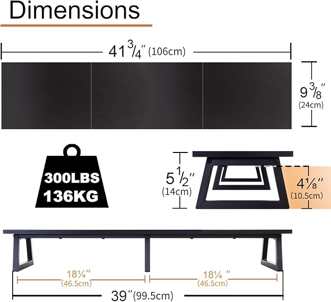TEAMIX Black 42 inch Dual Monitor Riser,Wood and Steel Long Monitor Stand for 2 Monitors with Storage Large TV Riser Computer Laptop Stand for Desk Office Organization