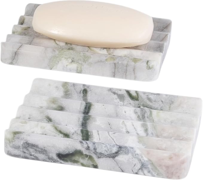 2 Pcs Soap Holder for Bathroom, Marble Soap Dish for Kitchen Countertop, Tray with Creative Wavy Design, Soap Saver for Bath Tub, Sponges, Italian Natural Stone(Bianco Palomino)