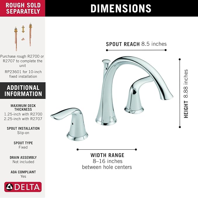 Delta Faucet Lahara 2-Handle Widespread Roman Tub Faucet - Chrome - T2738 4.00 x 9.00 x 20.00 inches