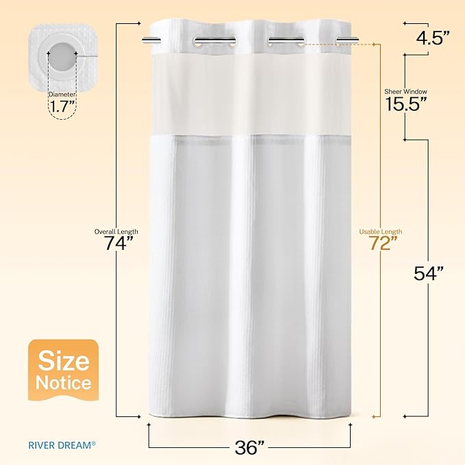 River Dream Stall Heavyweight No Hooks Required Dotted Waffle Weave Shower Curtain with Snap in Liner - 36W x 74H,Hotel Grade,Spa Like Bath Curtain,White