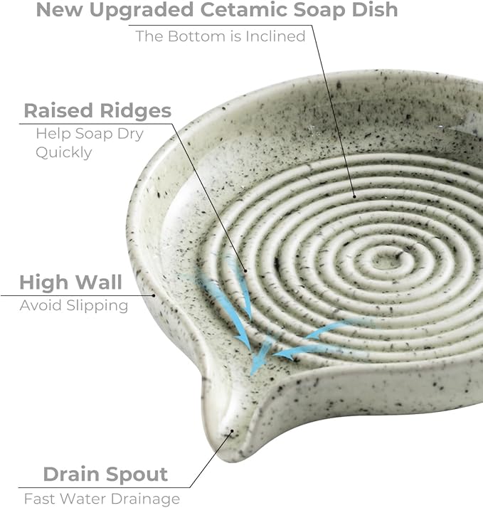 Soap Dish with Self-Draining Design, Ceramic Soap Holder with Drain Spout Soap Tray for Shower, Bathroom and Kitchen Sink, Keep Bar Soap Dry, Speckled Glaze