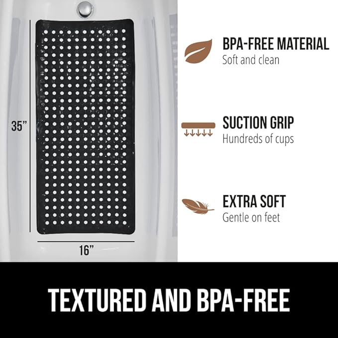 GORILLA GRIP Patented Bath Tub Shower Mat, Machine Washable Bathtub Floor Liner Mats, Suction Cups and Drain Holes to Keep Tubs Clean, Soft on Feet, Bathroom Essentials, 35x16 Inch, Black