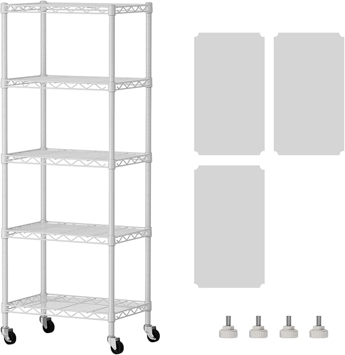 SINGAYE 5 Shelves Storage Shelf Wire Closet Bathroom Organizers Metal Pantry Kitchen Small Garage Shelving Unit Laundry Room Organization Home Narrow Rack Net Basket with Wheels White