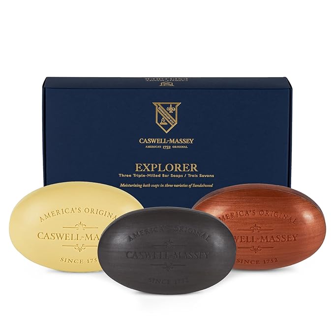 Caswell-Massey Men’s Bar Soap Gift Set - 2571, Woodgrain & Sandalwood - Moisturizing Triple-Milled Body Wash Bars for All Skin Types, Plant-Based & Essential Oils Formula, Made in USA, 3 x 5.8 oz