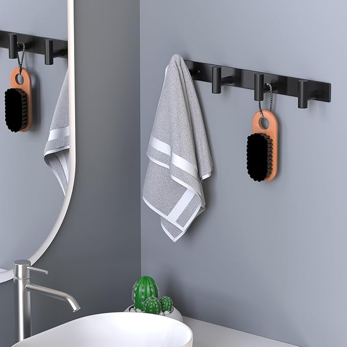 HUFEEOH 2 Pack Coat Rack Wall Mount, Stainless Steel T Shaped 4 Hooks Coat Hooks for Bathroom, Heavy Duty Wall Hooks Towel Hooks for Hanging, Black Towel Rack Purse Hanger for Mudroom Entryway