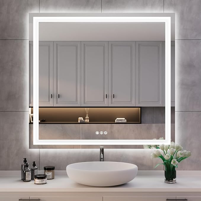 ISKM 40'' x 38'' LED Mirror for Bathroom Lighted Vanity Mirror for Wall Front Lights + Backlit LED Bathroom Mirror Anti-Fog Tempered Glass ETL Listed