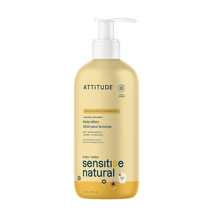 ATTITUDE Body Lotion for Baby, EWG Verified, Plant and Mineral-Based Ingredients, Vegan Personal Care Products, Sensitive Skin, Unscented, 16 Fl Oz