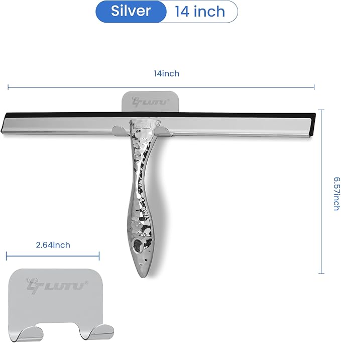 All-Purpose Silicone Shower Squeegee for Shower Glass Door,with 1 Hooks,for Bathroom Glass, Car, Tile Wall, Mirror Cleaning - Flower Shaped Handle for Easy-Grip 14 Inch Silver