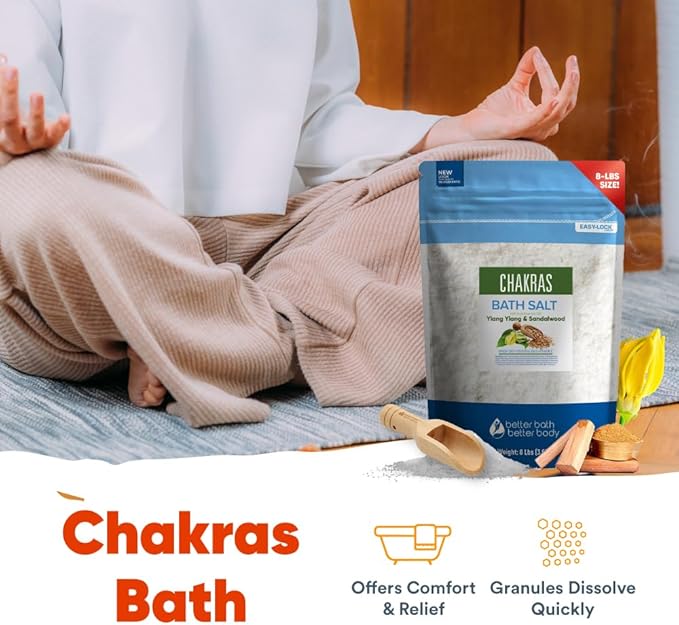 Chakras Bath Salt 128 Ounces (8 Lbs) Epsom Salt with Natural Ylang Ylang and Sandalwood Essential Oils Plus Vitamin C in BPA Free Pouch with Easy Press Lock Seal Made in USA