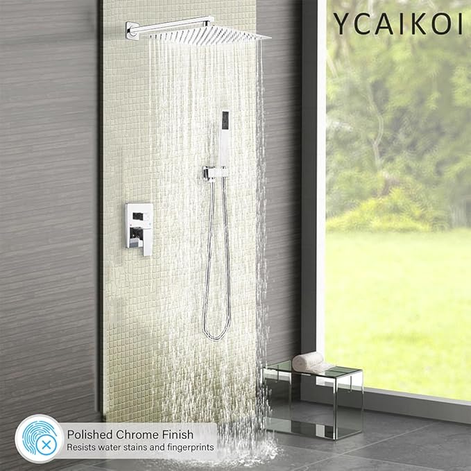 Shower Faucet Set Complete, Wall Mount Shower System for Bathroom 12 Inch High-Pressure Rainfall Shower with Handheld, Rough-in Valve Body and Trim Kit, Polished Chrome
