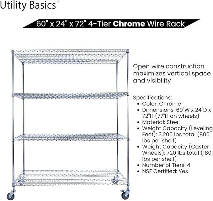 NSF Commercial 4-Tier Wire Shelving with Wheels, 60"x24"x72" Heavy Duty Metal Shelves 3200 lbs Max Capacity, Chrome Storage Rack for Garage Kitchen Pantry Warehouse