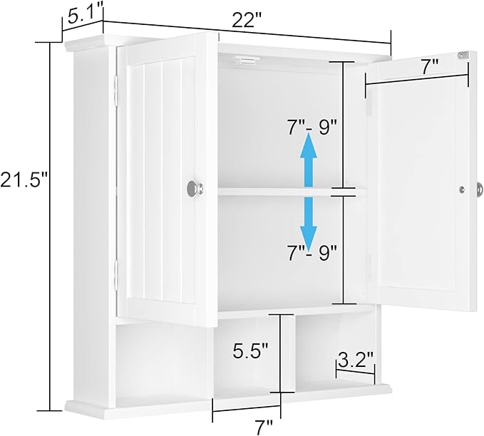 ChooChoo Bathroom Cabinet Wall Mounted 2-Door with 3 Open Shelves, Wooden Medicine Cabinets with Adjustable Shelf, Space Saver Storage Cabinets Over The Toilet for Bathroom&Living Room, White