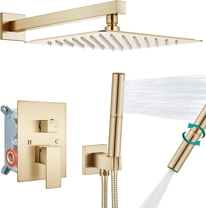 Aolemi Shower System with Rainfall Shower Head and Handheld Wall Mount,High Pressure Shower Faucet Set Fixture Combo with 2 in 1 Handheld Spray Rough-in Valve,12 Inch Shower Head Brushed Gold