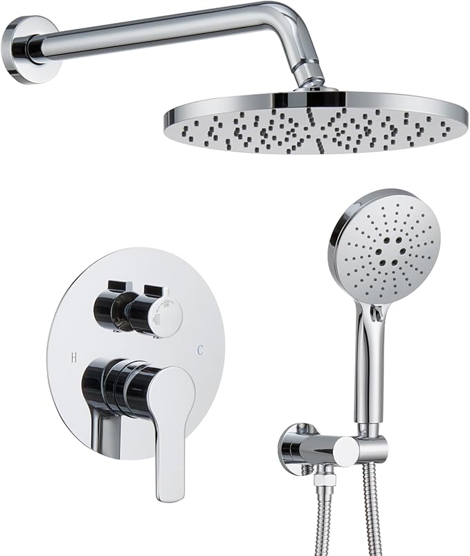 Iriber Shower System Wall Mounted Shower Faucet Mixer Set with Luxury High Pressure Shower head and 3-Setting Handheld, Bathroom Shower Trim Kit Contain Pressure Balance Valve,Polished Chrome